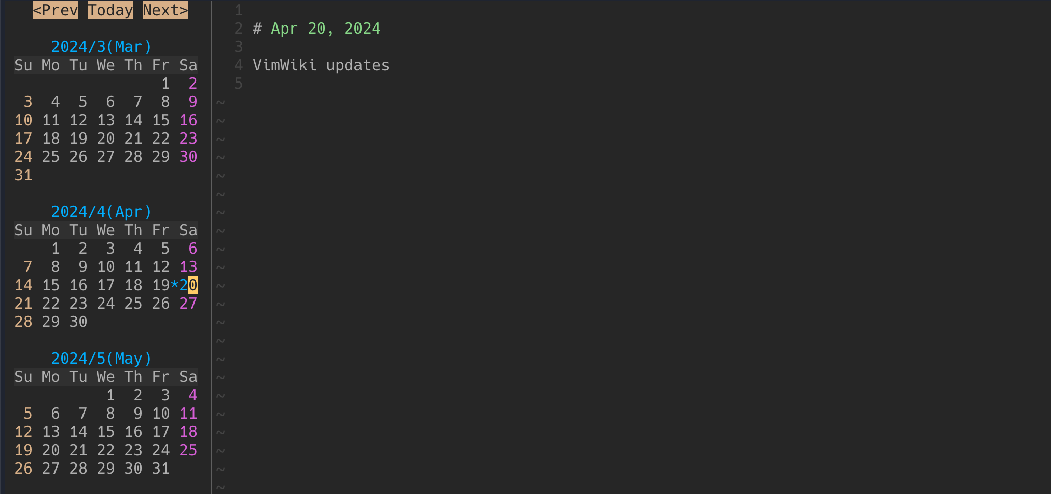 Vimwiki Calendar Screenshot