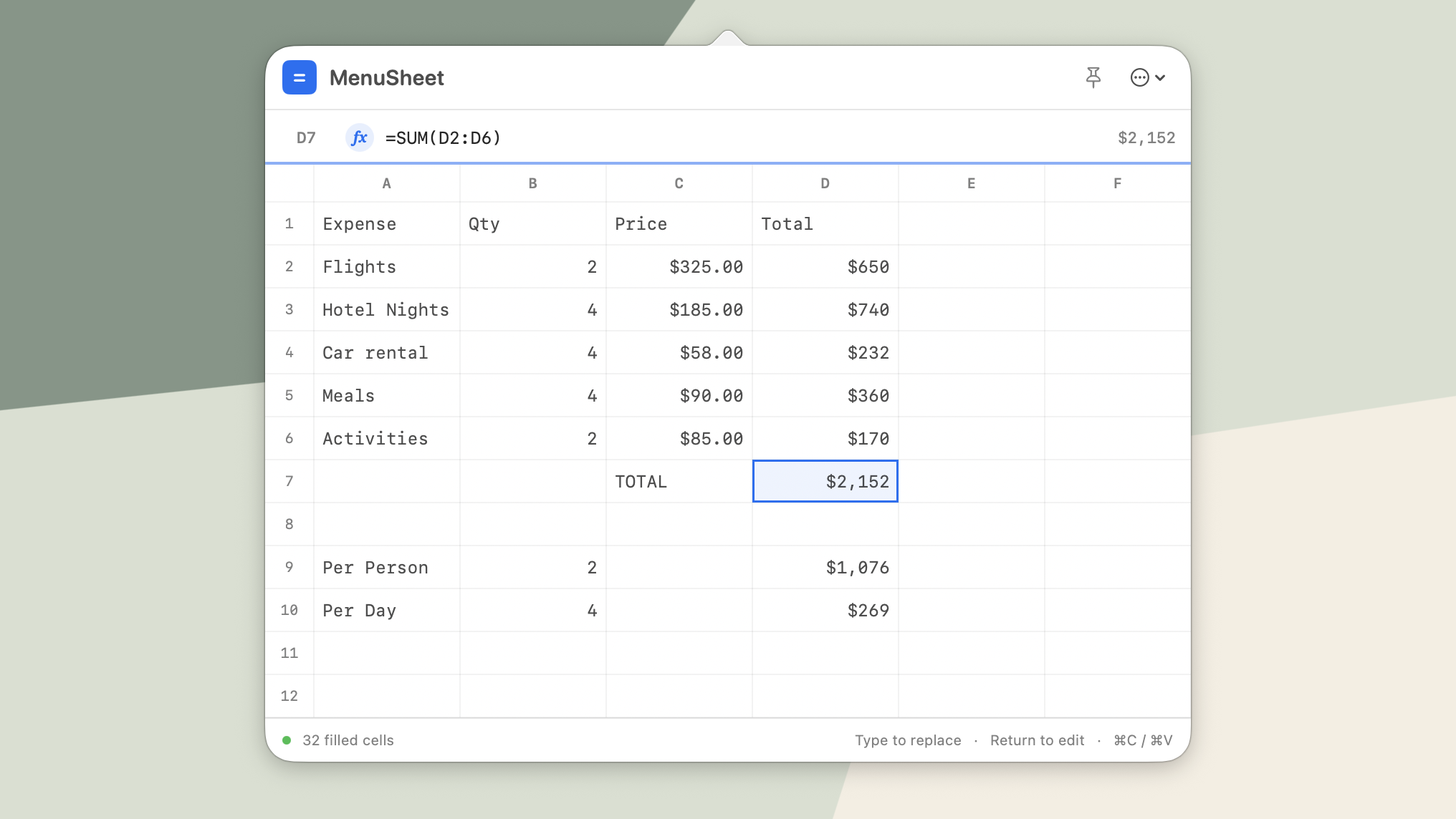 MenuSheet Screenshot - Menu bar Mini Spreadsheet