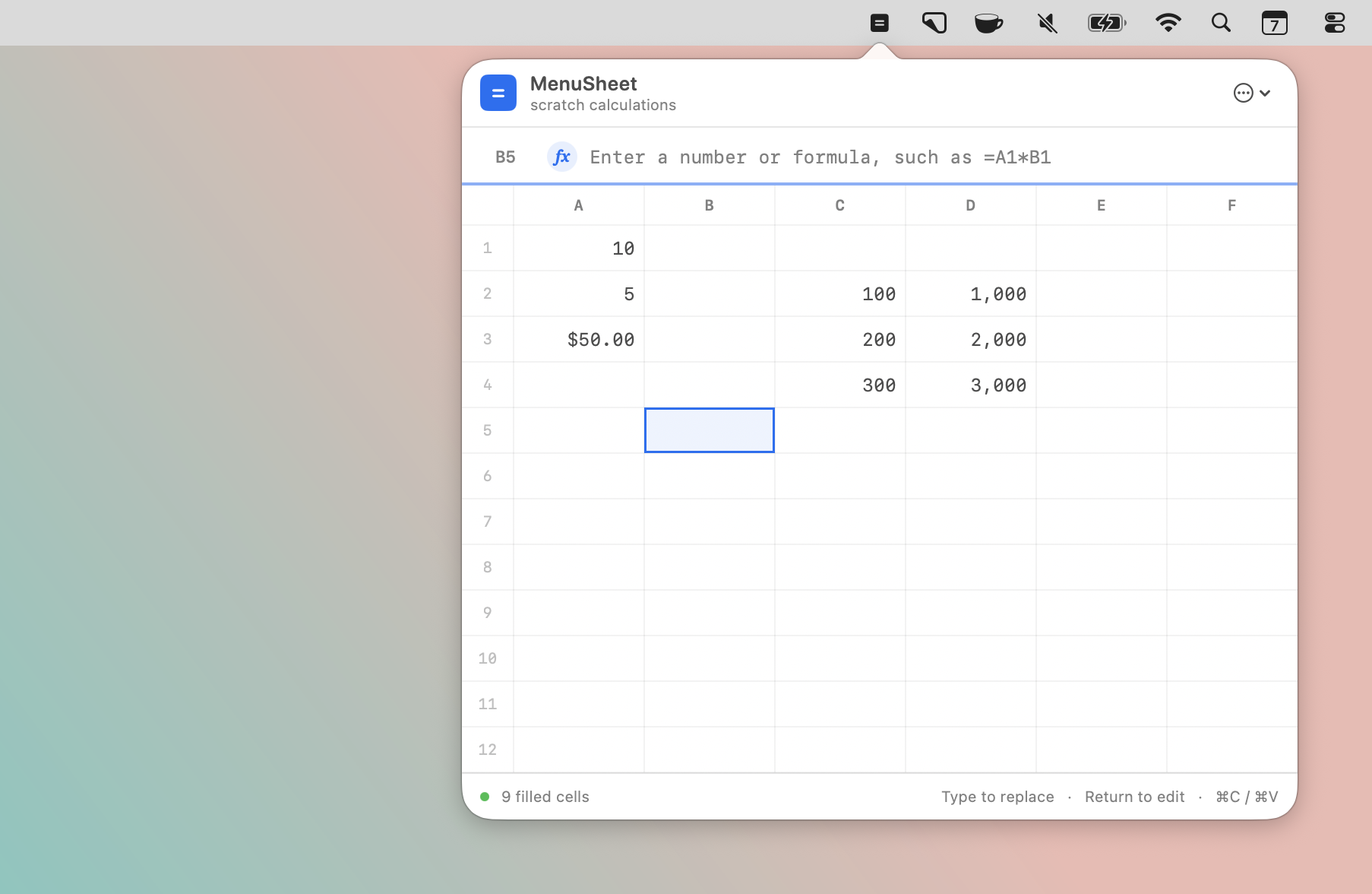 MenuSheet Screenshot - Menubar Mini Spreadsheet